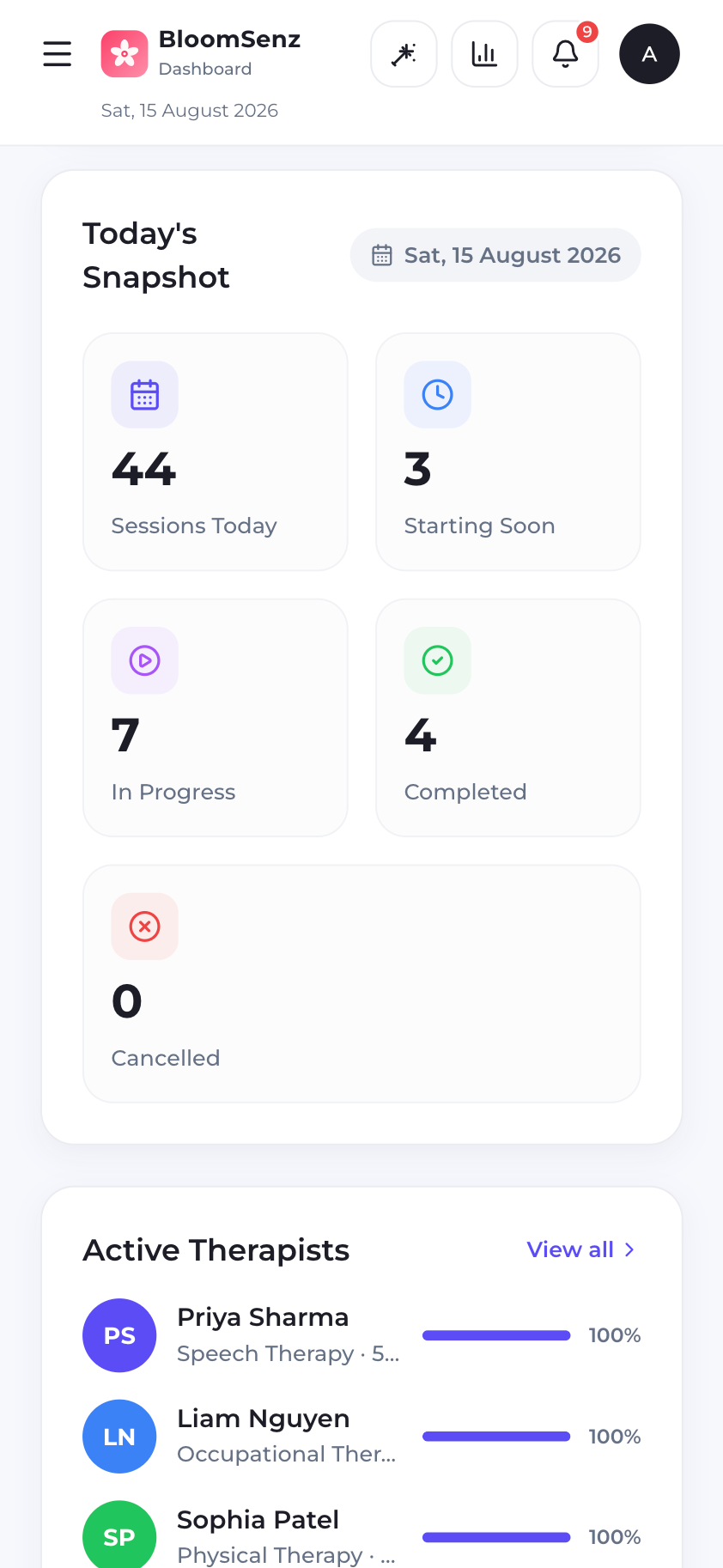 Centre dashboard on mobile with today's schedule and session snapshot