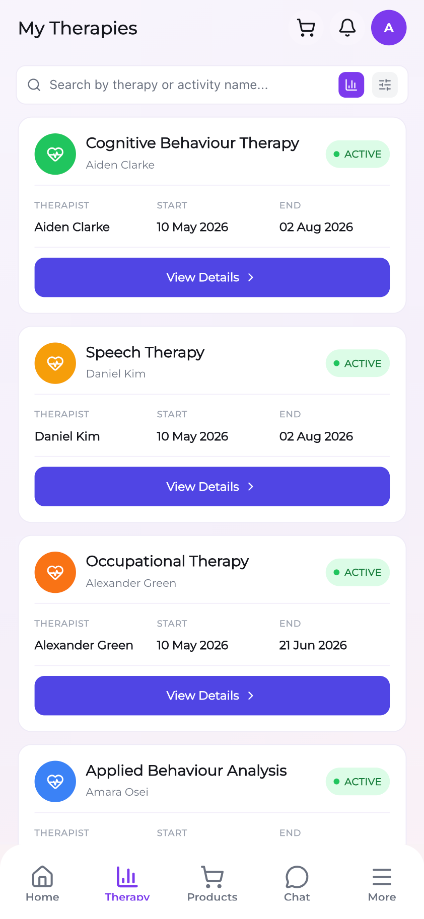 Therapy plans and session history in the parent app