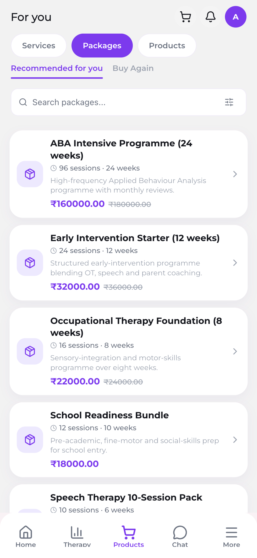 Session packages and billing in the parent app