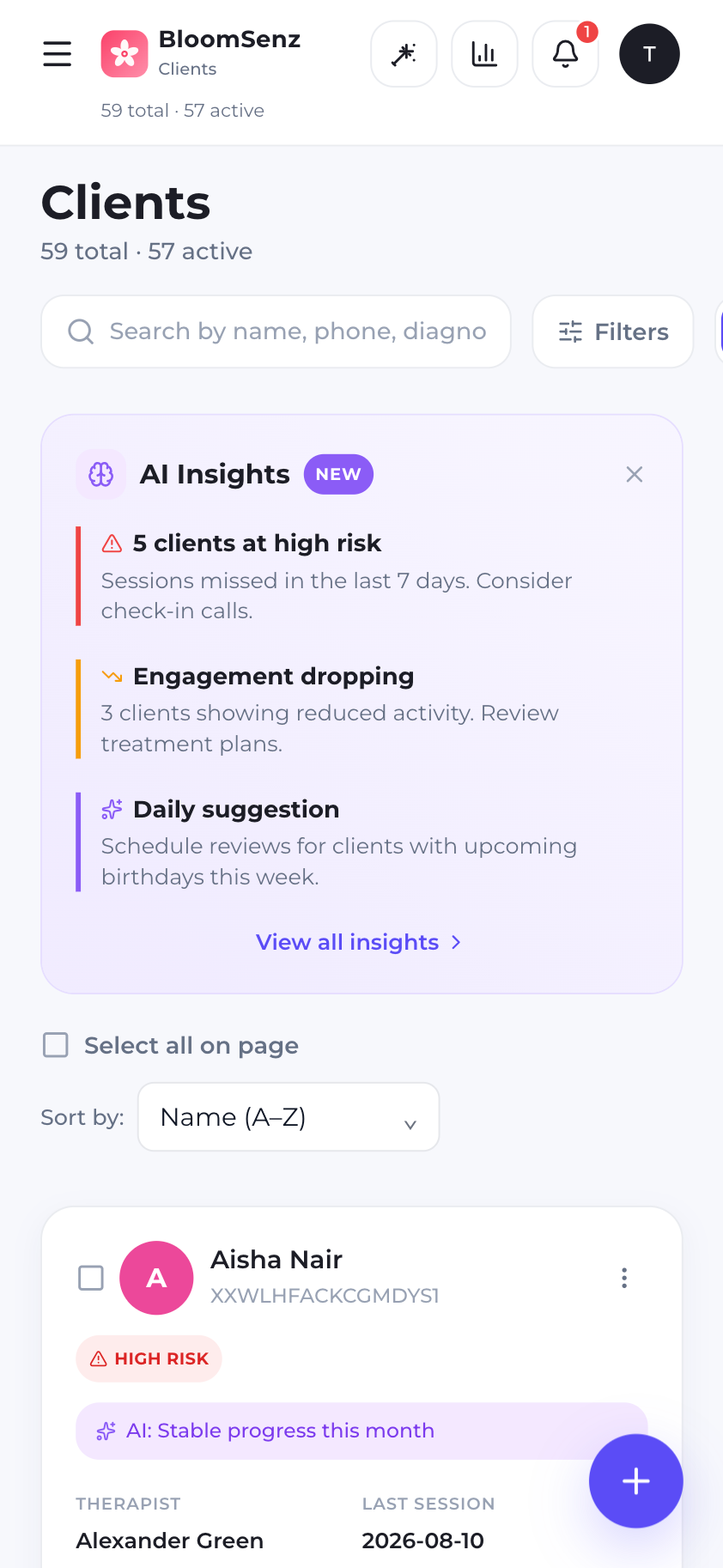 Therapist's assigned client list with profiles and history
